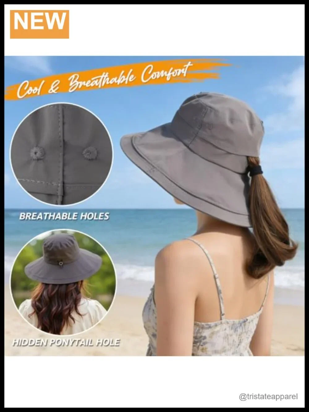 UPF 50+ Waterproof Wide Brim Sun Bucket Hat with Ponytail Hole, Chin Strap,